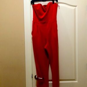 Red strapless jumpsuit